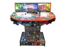 1189 4-player, yellow buttons, green buttons, blue buttons, red buttons, lighted, green trackball, blue trim, orange trim, tron joystick, spinner, marvel, dc